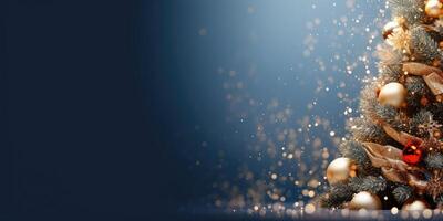 christmas tree with golden ornaments on a blue background . photo