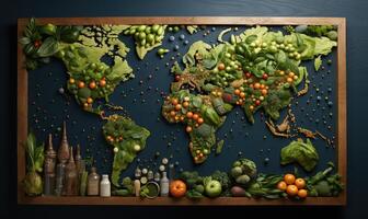 mapa de el mundo hecho arriba de un variedad de frutas . ai generado foto