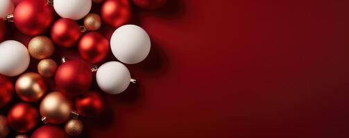christmas balls on red background . photo