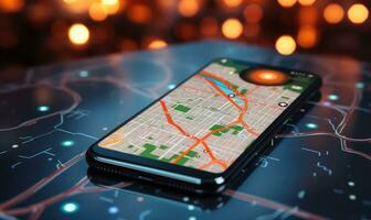 Pointing smartphone with gps navigation and map icons on blurred road abstract background . AI Generated photo