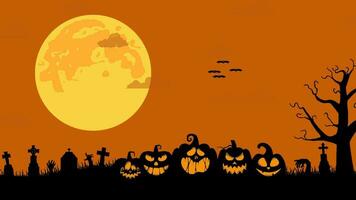 Halloween sfondo animazione con zucche, spaventoso albero, Vintage ▾ frequentato Casa, e pipistrelli volante al di sopra di cimitero video