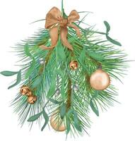 Branch of mistletoe and pine digital illustration watercolor style isolated on white. Christmas decorations, bells, ball hand drawn. Element for 2024 new year design, card, holiday print, greeting. vector