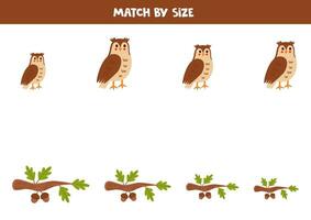 Match cute owls and tree branches by size. Educational logical game for kids. vector