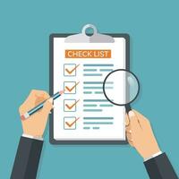 Checklist or habit tracker fill out to do list form. Time and planning management. Complete checklist and check mark ticks with hands hold pencil and magnifier vector