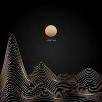 Golden linear abstract mountains on dark background, Moon over wavy linear hills backdrop. Asian motifs. Vector banner