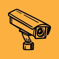 Security camera. CCTV surveillance system. Monitoring, guard equipment, burglary or robbery prevention. Vector illustration isolated on yellow background.