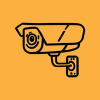 Security camera. CCTV surveillance system. Monitoring, guard equipment, burglary or robbery prevention. Vector illustration isolated on yellow background.