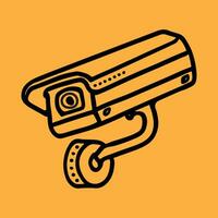 Security camera. CCTV surveillance system. Monitoring, guard equipment, burglary or robbery prevention. Vector illustration isolated on yellow background.