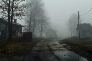 Empty illuminated ghost town street lamps lighting up the road through the trees and village in a fog on a rainy autumn day, street lanterns. English countryside scenes. Generative AI photo