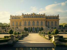 Garden and facade of the palace of versailles. Beautiful gardens outdoors near Paris, France. The Palace Versailles was a royal chateau and was added to the UNESCO list. Generative AI photo