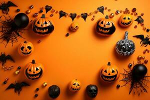 Halloween frame flat lay. Modern pumpkins jack o lantern, spiders, bats frame on background with space for text. Season's greeting card. Happy Halloween. Generative AI photo
