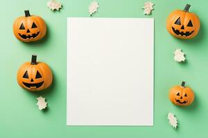 Blank paper sheet with Halloween decorations on pastel background. Greeting card, invitation mockup. Place for inscription. Pumpkin. Modern Minimal business template. top view. Generative AI photo