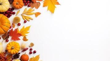 Autumn composition. Rowan berries, dried leaves, pumpkins, and flowers on white background. Autumn, fall, halloween, thanksgiving day concept. View from the top, with text space. Generative AI photo
