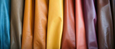 Close up multicolor of leathers background. folded leathers texture. Faux leather fabric, leatherette fabric for clothing. Generative AI photo