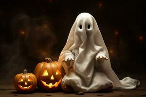 Happy Halloween, Cute little kid in ghost costume on isolated background. Generative AI photo