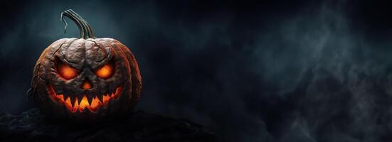 Víspera de Todos los Santos calabaza cabeza Jack-o-lantern en oscuro antecedentes. generativo ai foto