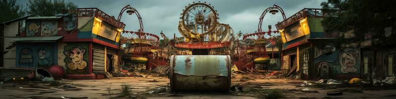 Nighttime abandoned amusement park with sanatorium, ferris wheel, and foggy park. Background concept for Halloween. Generative AI photo