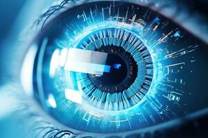 Perfect blue eye macro in a sterile environment and perfect vision in high resolution. The vision of the future and healthy life concept. Generative AI photo
