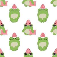 Vector seamless pattern of flat hand drawn frog face head isolated on white background