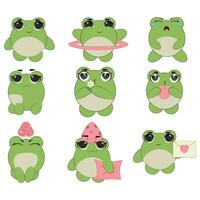 Cute emoticons character cartoon frog stickers emoticons with different emotions. Green frog. Vector illustration