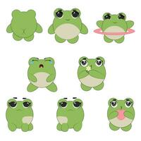 Cute emoticons character cartoon frog stickers emoticons with different emotions. Green frog. Vector illustration