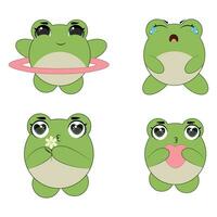 Cute emoticons character cartoon frog stickers emoticons with different emotions. Green frog. Vector illustration