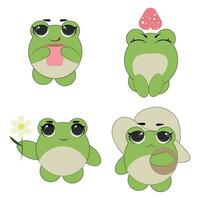 Cute emoticons character cartoon frog stickers emoticons with different emotions. Green frog. Vector illustration