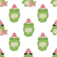 Vector seamless pattern of flat hand drawn frog face head isolated on white background