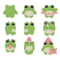 Cute emoticons character cartoon frog stickers emoticons with different emotions. Green frog. Vector illustration