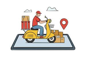 Delivery package by scooter on a mobile phone. Tracking courier by map application, Delivery courier service illustration vector