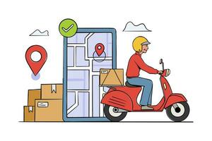 Delivery package by scooter, Tracking courier by map application. Delivery courier service illustration vector