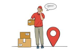 Delivery man holding a package with a phone call asking for the address vector