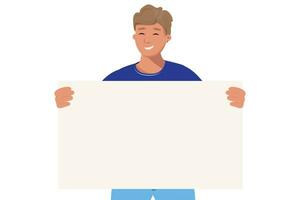 Happy man holding a blank banner. Design for your own text, message, advertisement vector