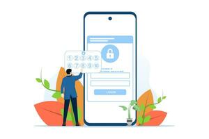 seguridad sistema desarrollador concepto colocar, proteger usuario llave cuenta datos y contraseña para iniciar sesión móvil aplicación contraseña para personal datos acceso. plano vector ilustración en un blanco antecedentes.