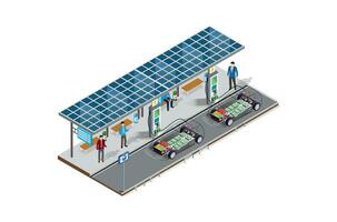 isométrica eco transporte, eléctrico vehículo cargando estación con solar paneles, adecuado para diagramas, juego activo, y otro activo vector