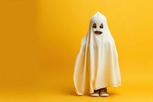 Happy Halloween, Cute little kid in ghost costume on isolated background. Generative AI photo