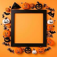 Halloween frame flat lay. Modern pumpkins jack o lantern, spiders, bats frame on background with space for text. Season's greeting card. Happy Halloween. Generative AI photo