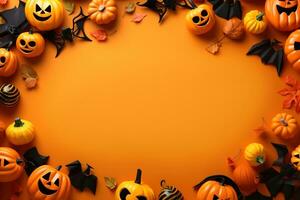 Halloween frame flat lay. Modern pumpkins jack o lantern, spiders, bats frame on background with space for text. Season's greeting card. Happy Halloween. Generative AI photo