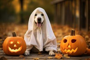 perro vistiendo un fantasma disfraz sentado Entre calabazas para Víspera de Todos los Santos en otoño antecedentes. generativo ai foto