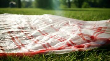 rojo y blanco tartán picnic cobija en parte superior de un verde campo en soleado día en césped de césped en verano parque. borroso antecedentes. generativo ai foto
