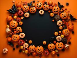 Halloween frame flat lay. Modern pumpkins jack o lantern, spiders, bats frame on background with space for text. Season's greeting card. Happy Halloween. Generative AI photo