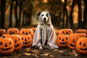 perro vistiendo un fantasma disfraz sentado Entre calabazas para Víspera de Todos los Santos en otoño antecedentes. generativo ai foto