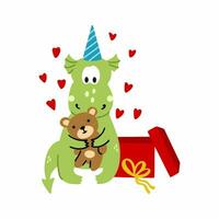 Funny cute dragon received teddy bear as gift. symbol of new year 2024 according to Eastern calendar.  illustration in style of doodles. Cartoon sticker. vector