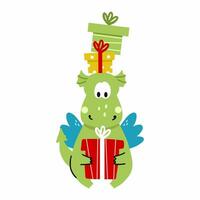 Funny dragon with gifts on his head. Symbol of new year 2024. Sticker for postcard. vector