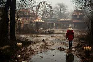 Nighttime abandoned amusement park with sanatorium, ferris wheel, and foggy park. Background concept for Halloween. Generative AI photo
