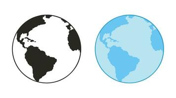 Model of the Earth, blue globe with map, oceans and land. Outline and flat version. Isolated vector illustration