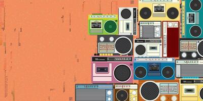 Colorful retro cassette player and radio flat design vector illustration on orange background with risograph printing effect and have blank space for any wording or advertisement.