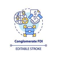 Editable conglomerate FDI icon, isolated vector, foreign direct investment thin line illustration. vector