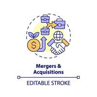 Editable merger and acquisitions icon, isolated vector, foreign direct investment thin line illustration. vector