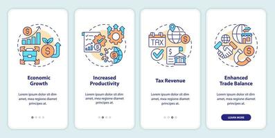 2D linear icons representing foreign direct investment mobile app screen set. 4 steps editable graphic instructions, UI, UX, GUI template. vector